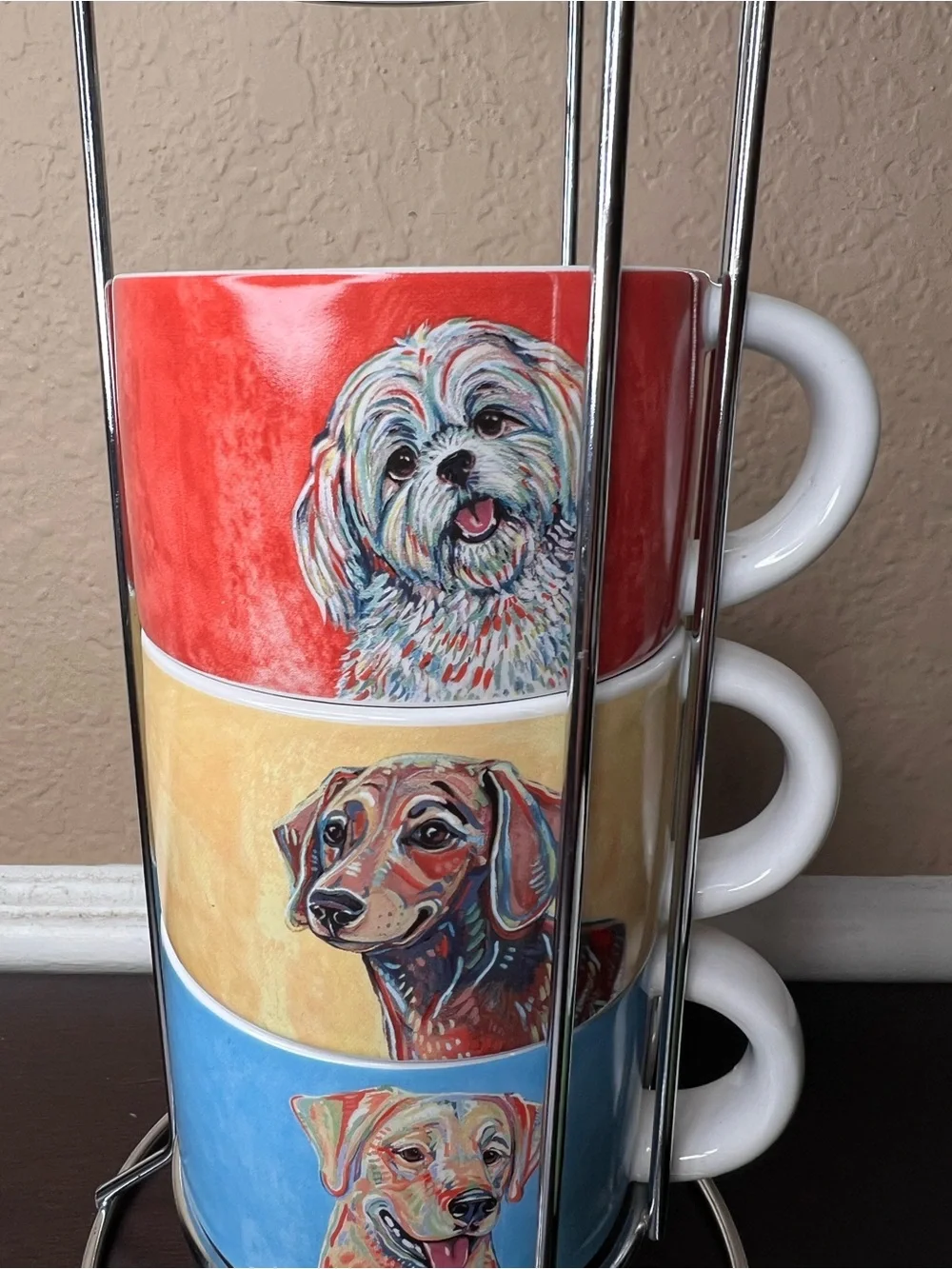 Vintage 2000s Pier 1 Dog Mug Set w Stand 4 Stoneware Cups